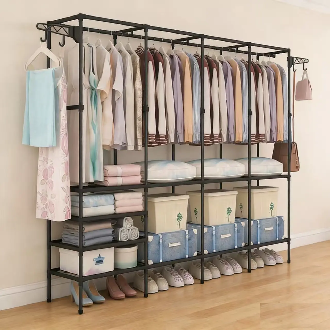 Portable Assembled Open Closet with Side Hooks, Multi-Functional Metal Coat Rack, Clothing Organization, Clothes Storage Shelf, Modern Clothing Storage, Space Saving Wardrobe, and Options