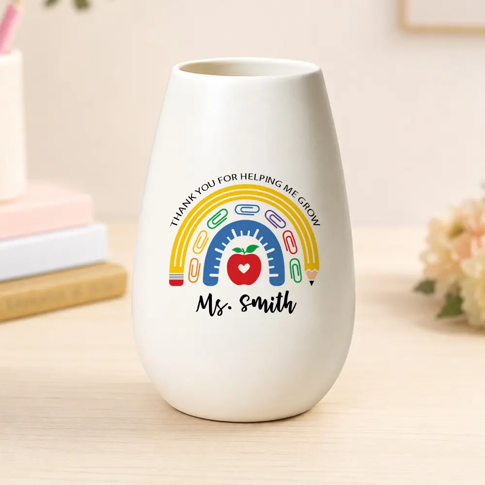 Personalized Teacher Vase Custom Name Text Ceramic Flower Vase Rainbow Pencil Apple Design For Fresh Flower Display Classroom Desk School Office Shelf Home Decor Back To School Teacher Appreciation Gift For Teachers Educators School Staff And Coworkers