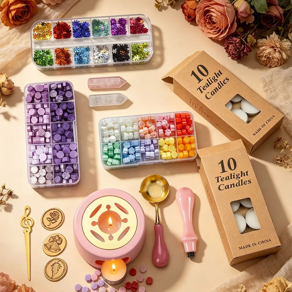 Elegant Pastel Macaron Wax Seal Set, Crafts Kit, Shiny Wax Beads, Multi-Head Stamps, Complete Tools, Ideal for Envelopes and Scrapbooks
