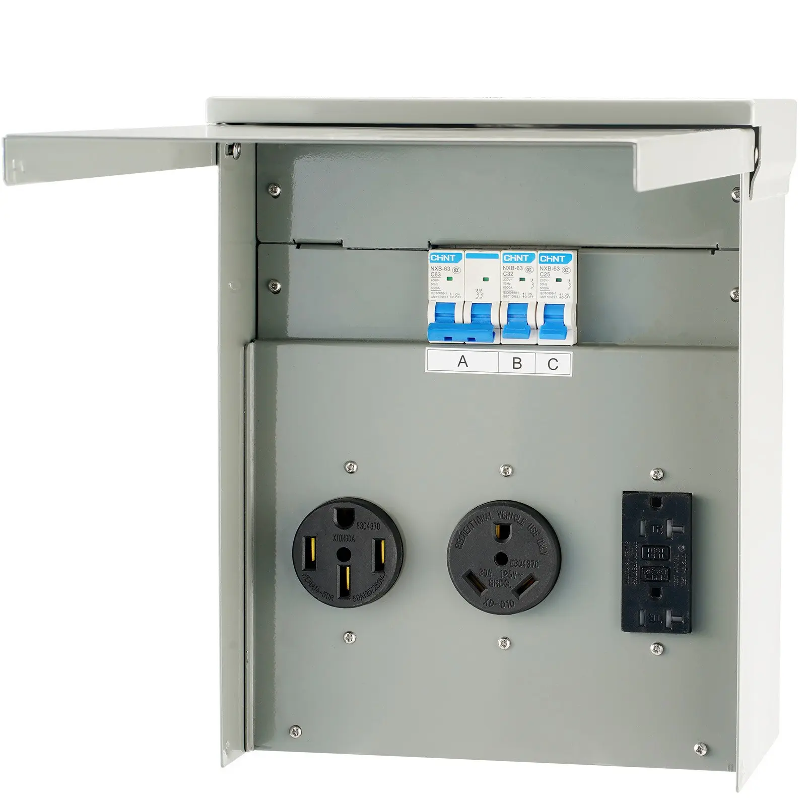 【Summerfinds】VEVOR Waterproof Rust-Resistant NEMA 3R Temporary Power Outlet Panel, 125/250V RV Box with 20/30/50A Receptacles, NEMA 14-50R/TT-30R & 15A GFCI for Indoor & Outdoor RV Camper Trailer Use