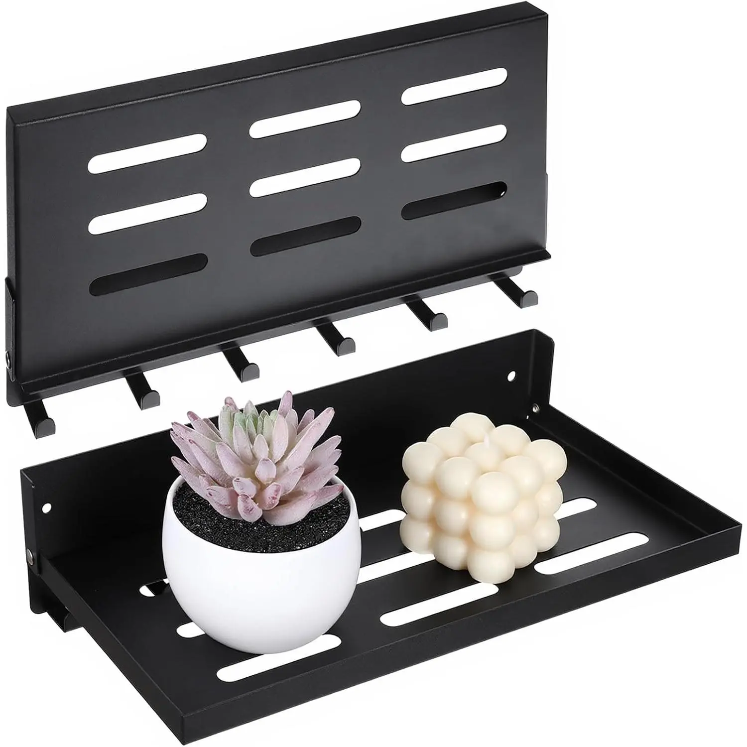 2 Pack Black Folding Wall Shelf with Hooks, Fold Down Wall Mounted Shelf – Space Saving 90° Foldable Shelves for RV, Camper, Bathroom, Kitchen, Garage, Laundry & Utility Room Storage (12”x6”)