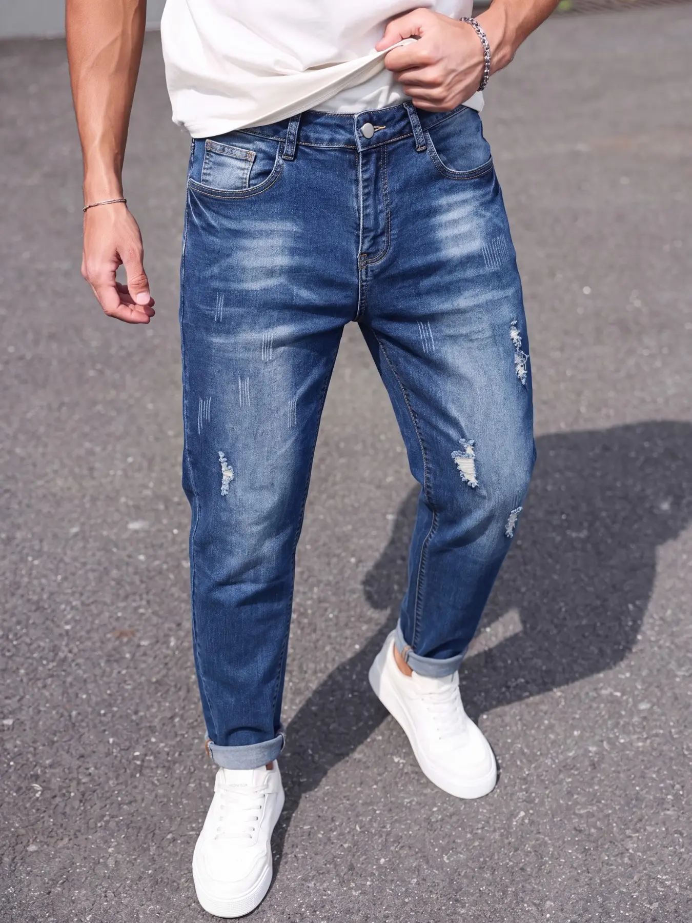 Men's Elastic Jeans, Korean Style Slim Fit, Casual Simple Design, Suitable for Daily Commute, All Seasons Wear, Plain Surface
