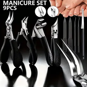 9Pcs Black Handle Stainless Steel Pedicure Manicure Kit Ingrown Toenail Nipper Wide Jaw Thick Nail Clipper Nail File Nail Lifter Scraper Home Foot Care Tools For Hard Embedded Nails