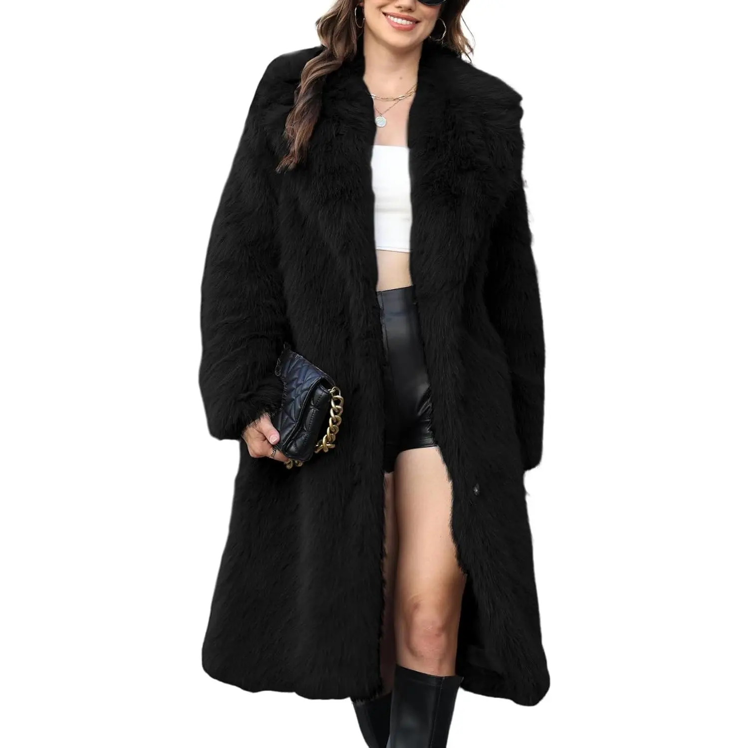 Yimoon Women' s Faux Fur Coat Lapel Collar Long Sleeve Furry Jacket Long Shaggy Jackets Open Front Warm Outerwear