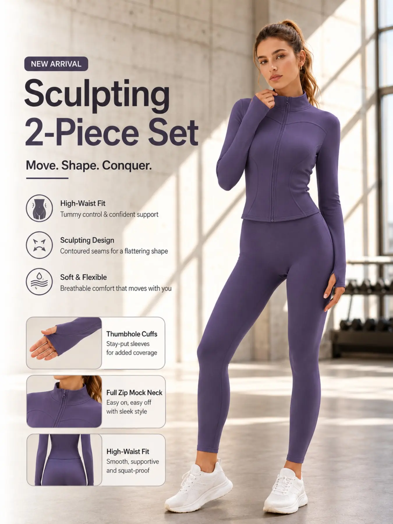 Women's 2 Piece Pilates Workout Outfit, Stand Collar Full Zip Long Sleeve Slim Jacket With Thumb Holes, High Waist Butt Lifting Tummy Control Compression Leggings, Fashion Casual Athletic Sports Set For Yoga Gym Running Daily Wear Yoga Sportswear Set