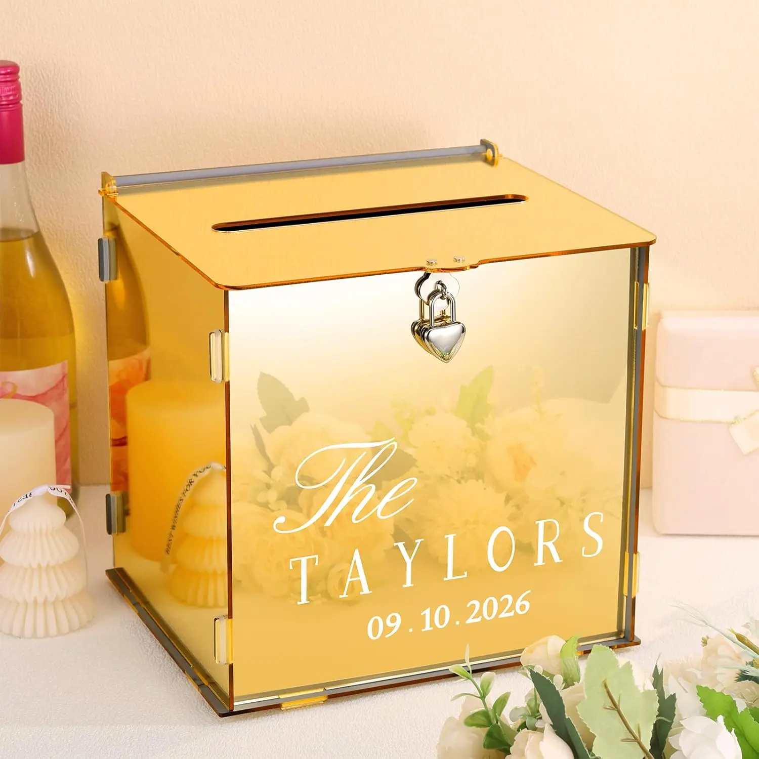 Metallic  Mirror  Wedding Card Box with Lock Slot and Last Name Transfers  Box for Bridal Shower Wedding Honeymoon  Shower Birthday Party Reception Engagement Table Decor