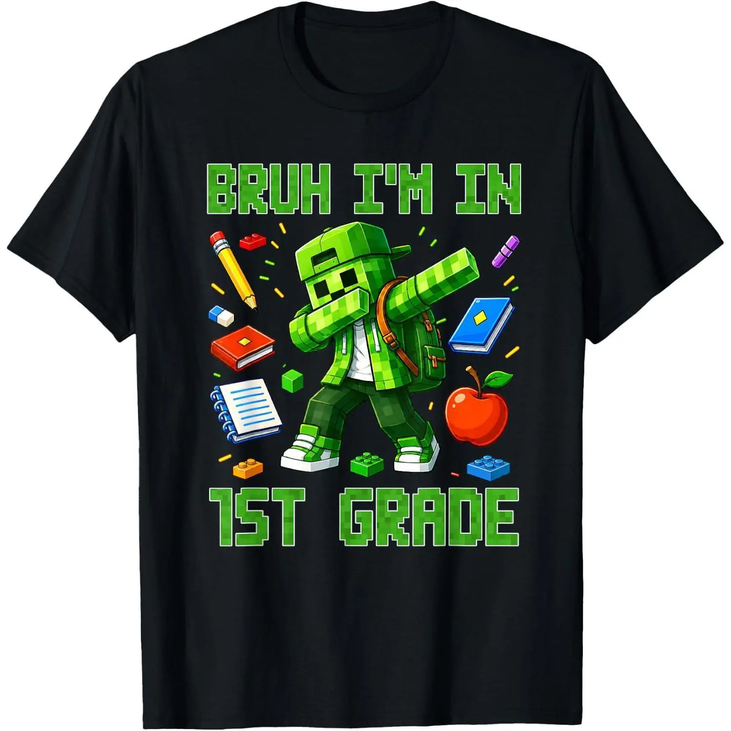 Kids' Printed Short-Sleeve Sports Top - "BRUH I'M IN 1ST GRADE" Dabbing Gamer Design, Back to School Haul Clothes, Machine Washable Games-Inspired Tee, Stretch
