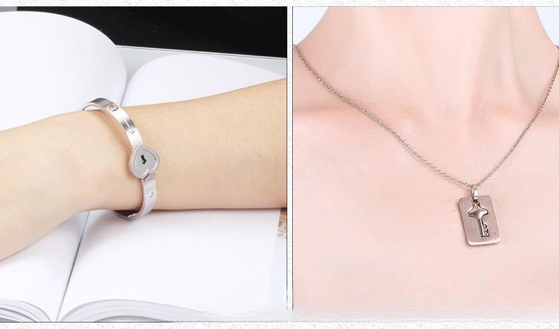 AS022 Couple Bracelet Necklace Set Key Necklace Lock Bracelet Holiday Birthday Gift Valantine Day Golden Silver Black Color