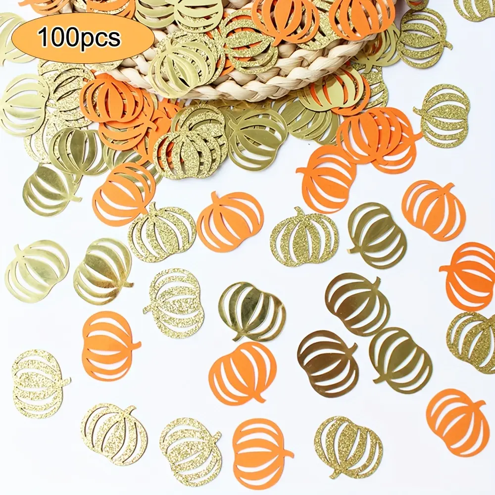 100/200pcs Pumpkin Shredded Confetti - Autumn Fall Party Decorations Suitable for Halloween, Thanksgiving, Birthday, Wedding, Shower - Orange & Paper Pumpkin Pieces for Cake Topper, Table Scatter, Decorative Sprinkles