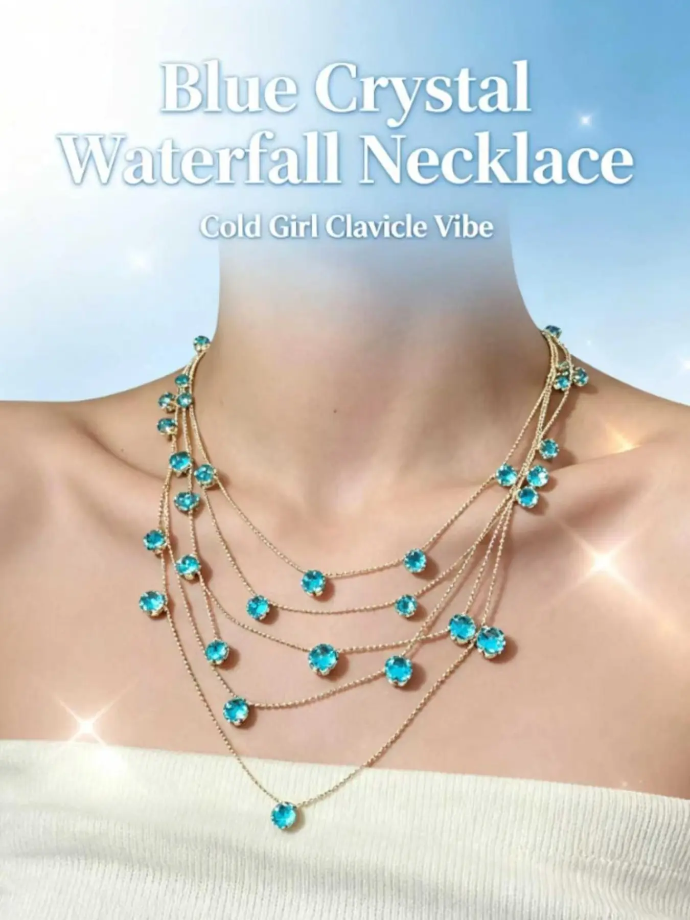 Ocean Blue Waterfall Crystal Necklace, Multi-Layer Fringe Fairy Dress Choker, Elegant Lockbone Chain for Special Occasions