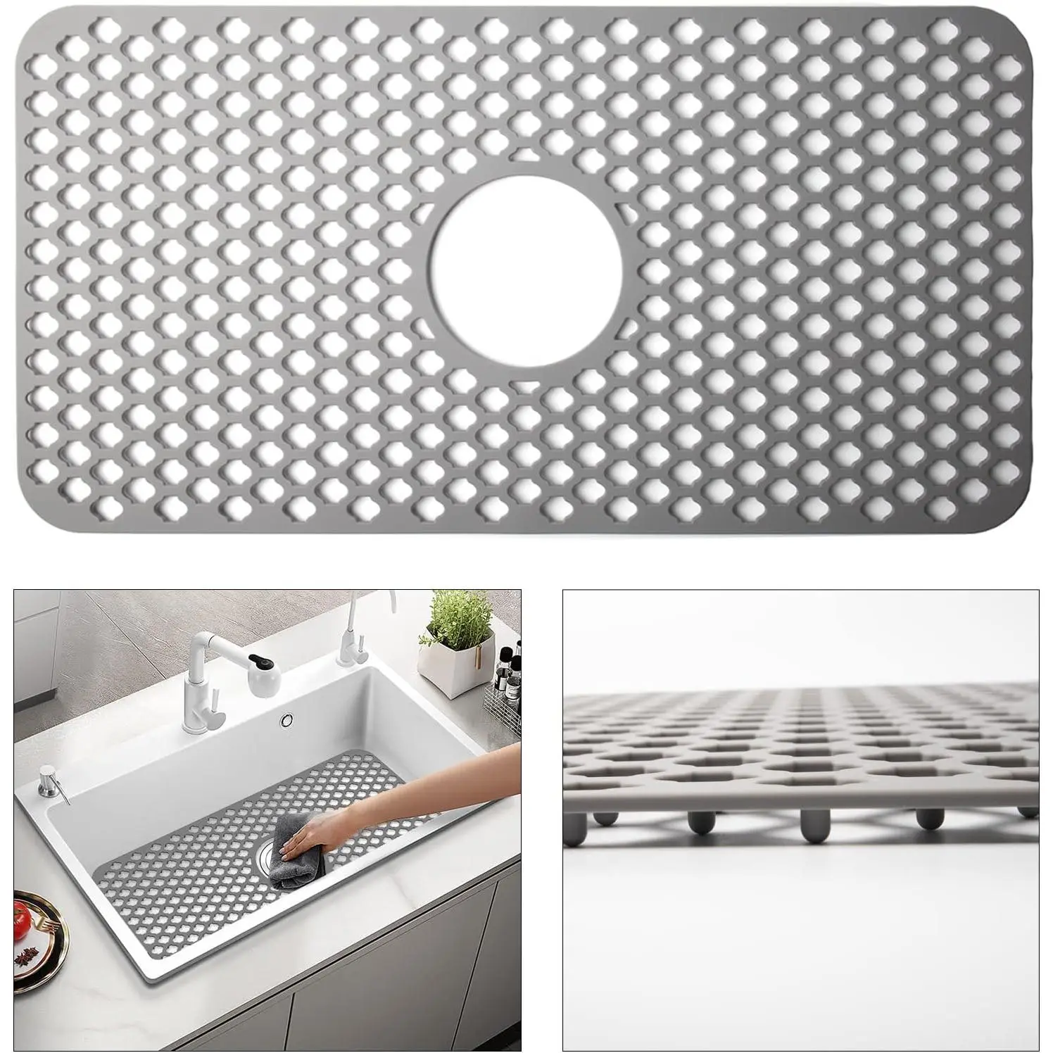 Sink Mat, 24.6''x 12.9'' Kitchen Sink Protector Grid for Bottom of Center Drain Sink, Gray Non-slip Heat Resistant Liner for  Stainless Steel Porcelain Sink