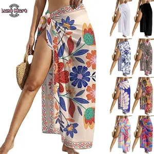Women Sheer Sarong High Slit One Size Swimsuit Coverups 2026 Summer Floral Print Chiffon Wraps Beach Cover Up