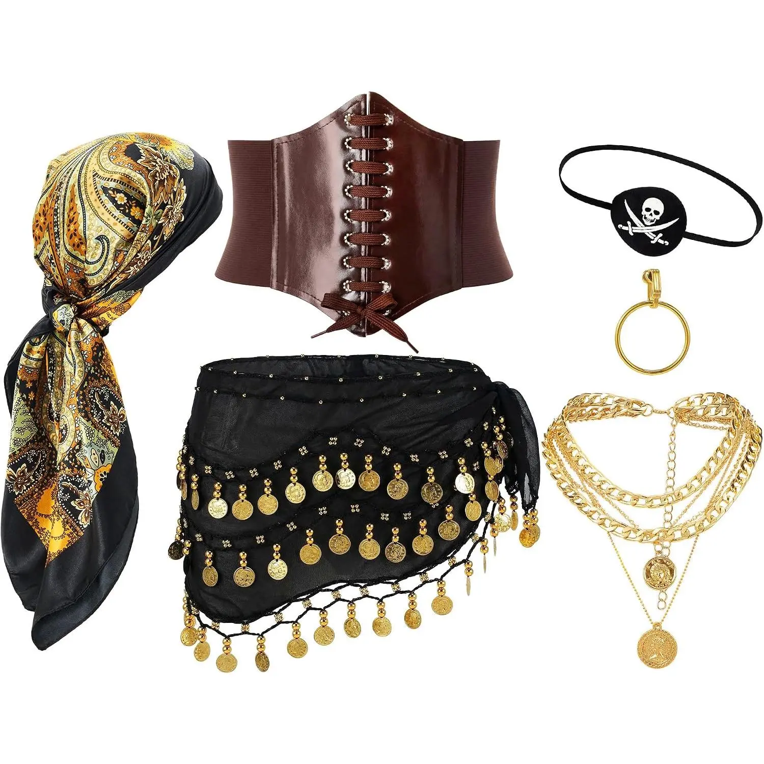 6 count Women Pirate Costume Accessories  Dancing Scarf  Seal Bandanas Headscarf Earring Necklace Eye Patch