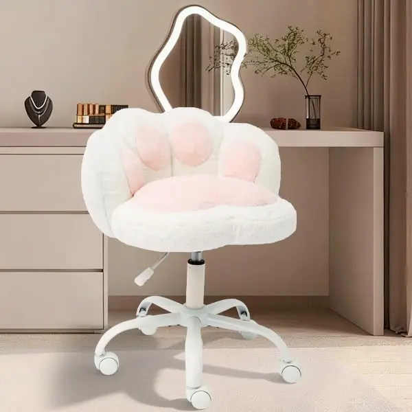 Armless Vanity Chair with Cat Paw Back – Cute Teddy Fabric Computer Stool, 360° Swivel & Height-Adjustable Rolling Seat for Makeup Table, Kids Study Desk, Office, and Dressing Room