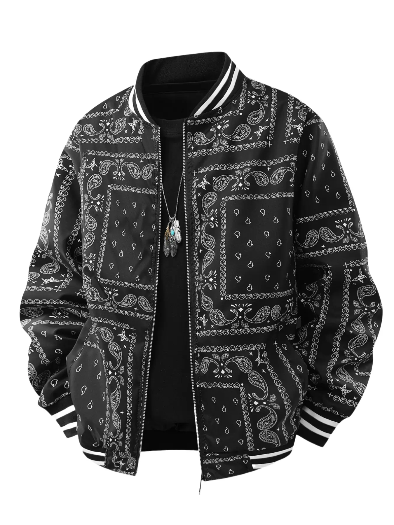 Men's Paisley Print Baseball Jacket, Casual Fashionable Jacket, Striped Ribbed Neck Full Zip Peplum Headscarf Print Pilot Jacket, Autumn Loose Streetwear Fashion Coat
