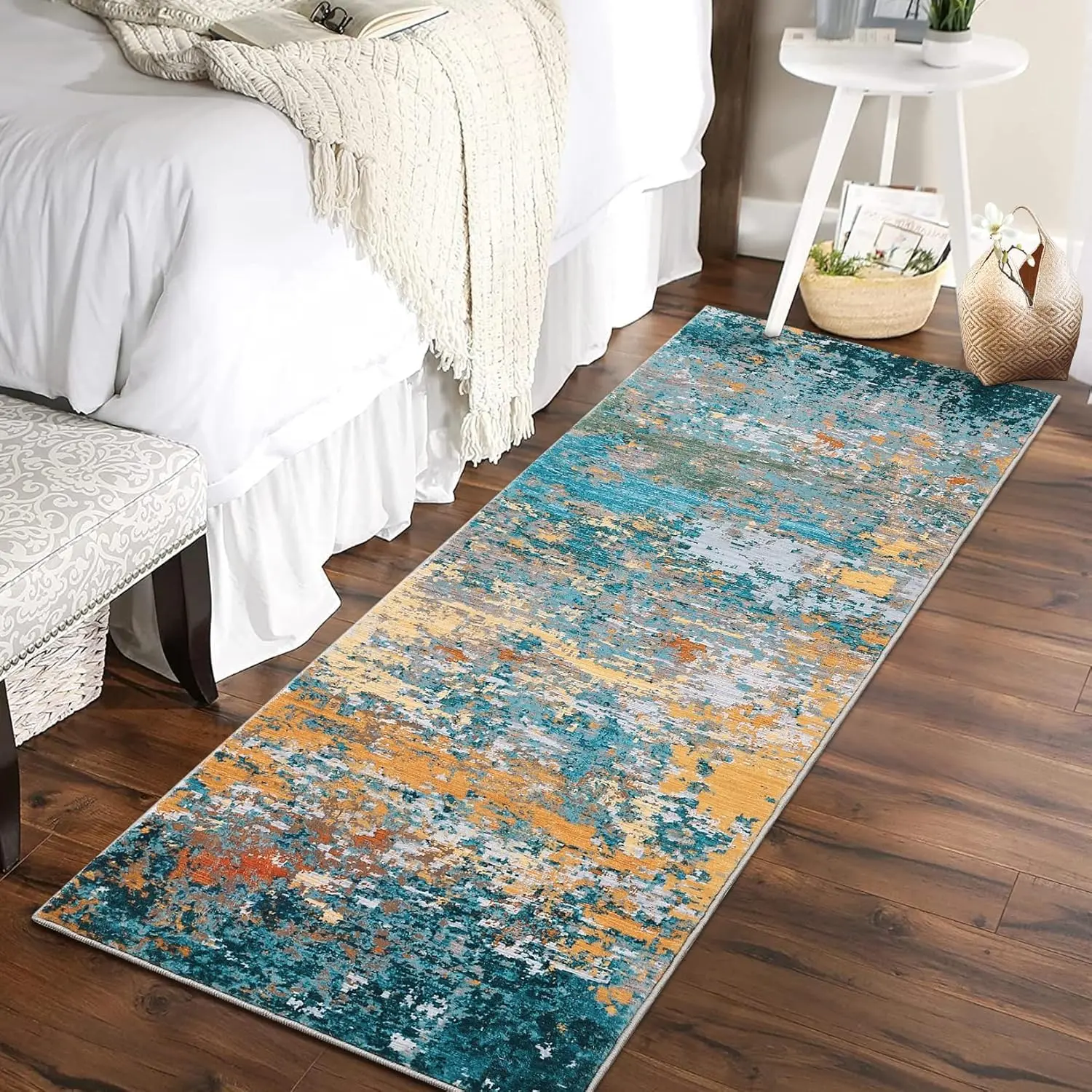 Washable Abstract Hallway Runner Rug - Soft Faux Wool Non-Slip Kitchen Mat - Modern Printed Area Rug for Entryway Bedroom & High Traffic Area