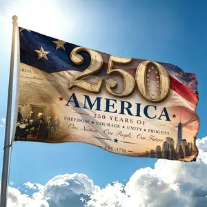 Vintage 250 Years of America Founding Flag 2x3ft 3x5ft, 1776 Semiquincentennial Patriotic Banner with Declaration Signers & Modern NYC Skyline, Large Antique Gold 250 Numeral USA Star Stripes Yard Flag, Freedom Courage Unity Progress Text Outdoor Porch Wa