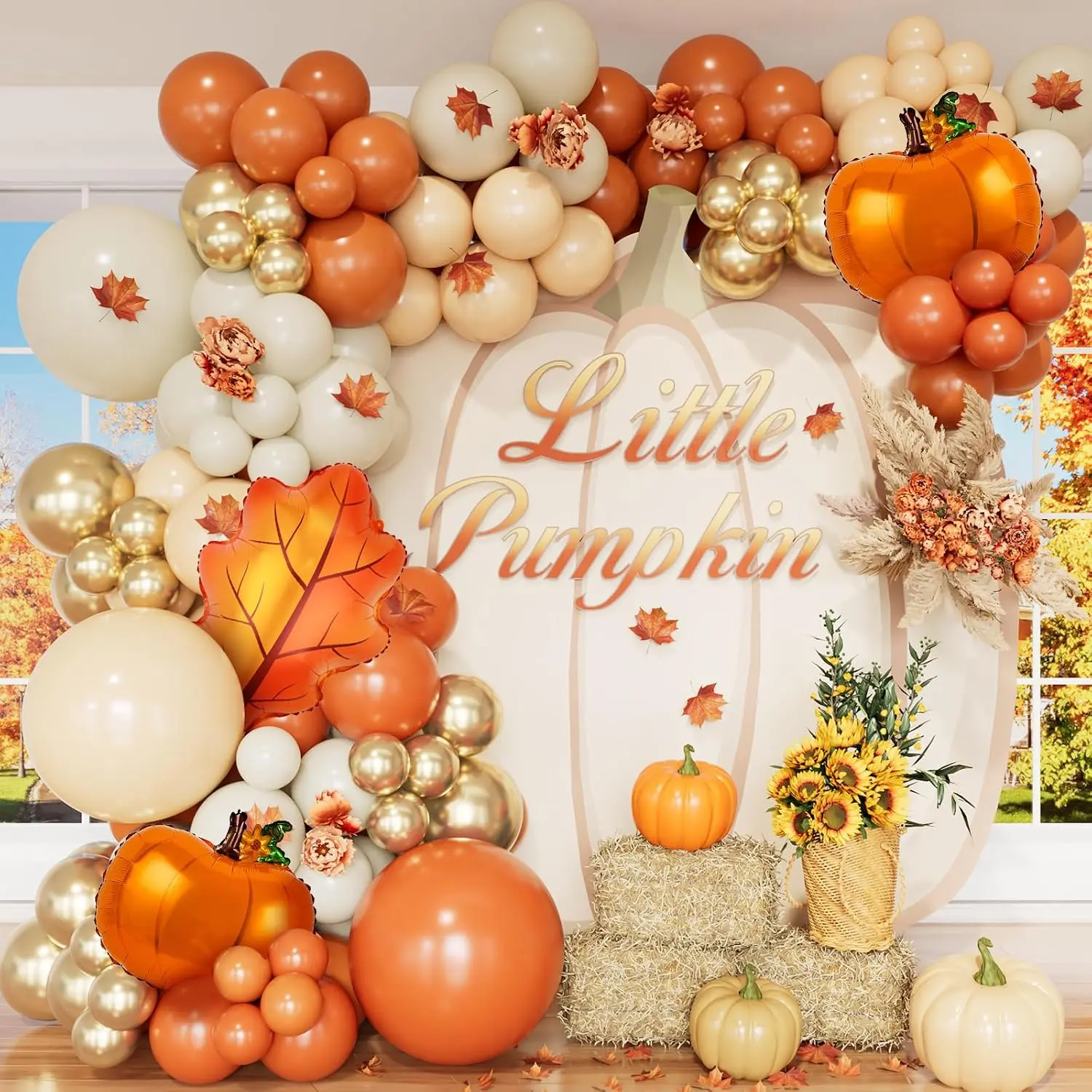 Thanksgiving Balloon Garland Arch Kit, 154 count Burnt Orange Pastel Orange Sand White  Fall Balloons with Pumpkin and Leaf Foil Balloons for  Shower Birthday Fall Party Decorations