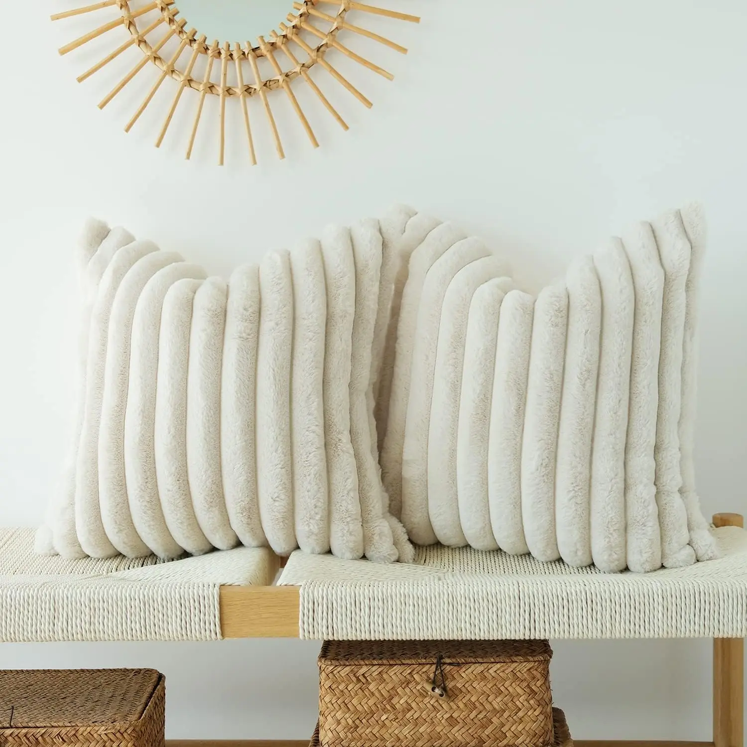 Pack of 2 Faux Fur Plush Decorative Throw Pillow Covers Couch Cushion Case Soft Pillowcases (Beige, 24 x 24-Inch)