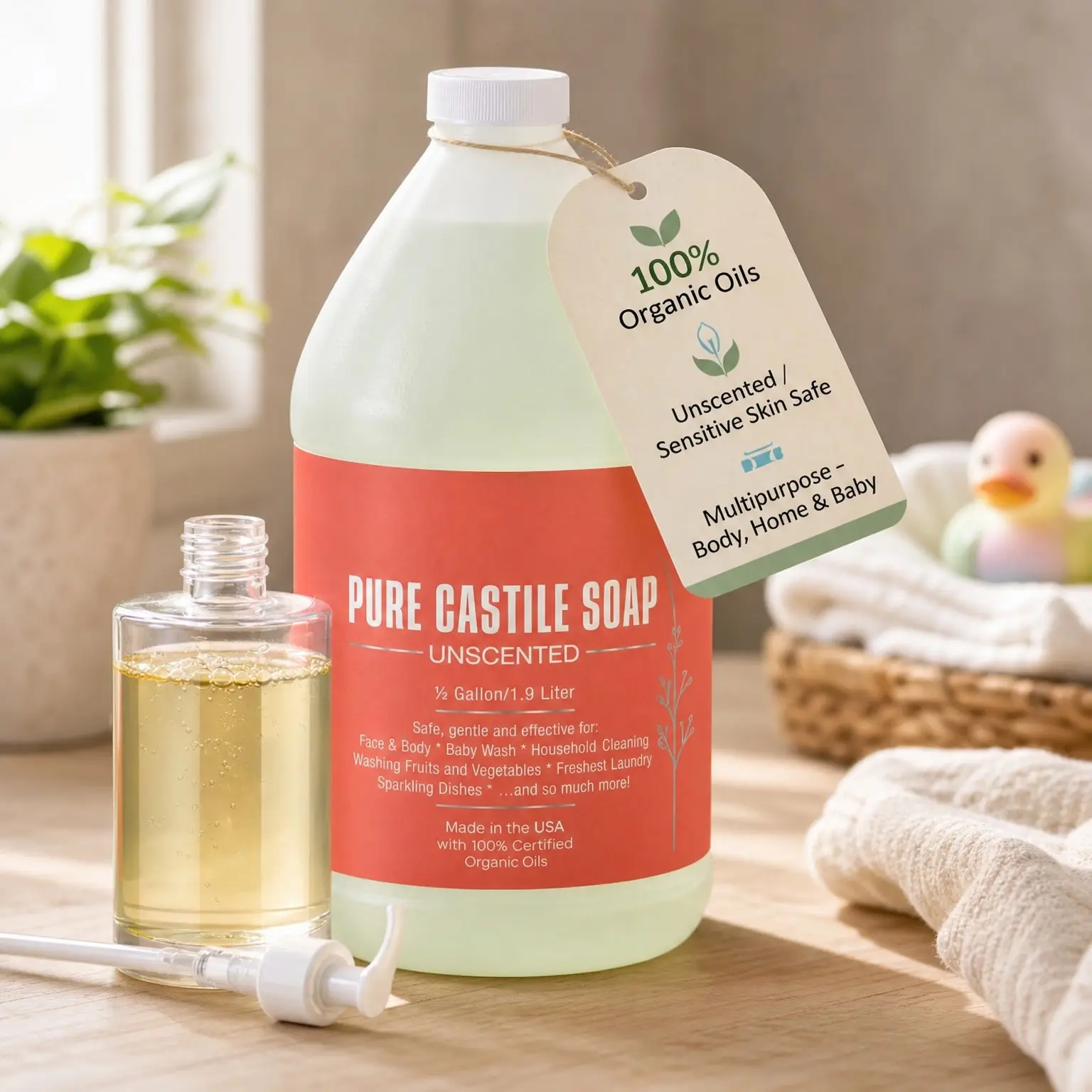 Organic Unscented Castile Soap Liquid 64 oz - Plant-Based Baby Body Wash, Hand Soap & Shampoo for Hair, Dishes, Pets & Home - Sulfate & Paraben Free, Made with Organic Oils(Gift)