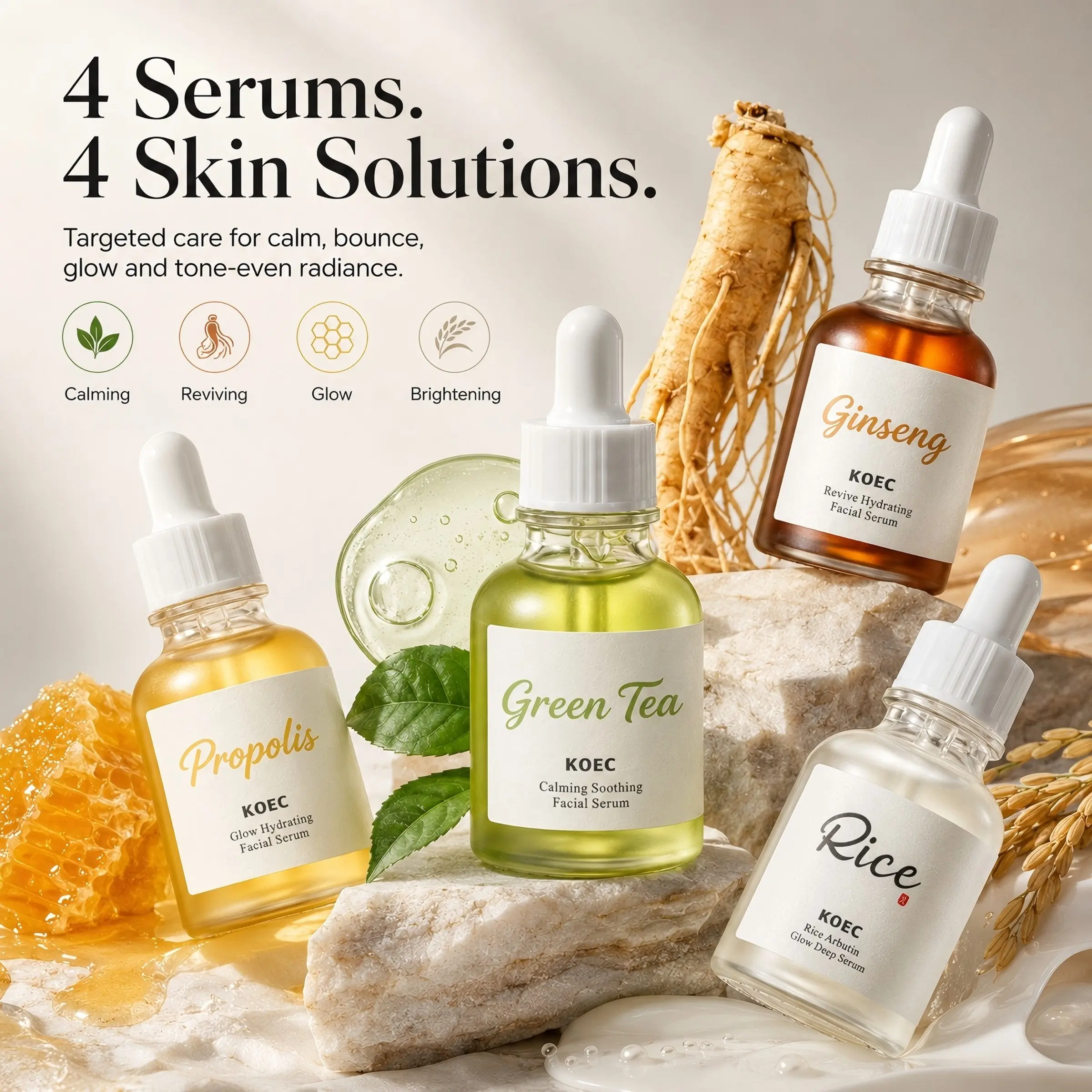 Korean Facial Serum 30ml, Hydrating Glow Essence, Green Tea Panthenol, Ginseng Snail Mucin, Propolis Niacinamide or Rice Alpha Arbutin, Soothing Brightening Skincare for Dry Sensitive Skin