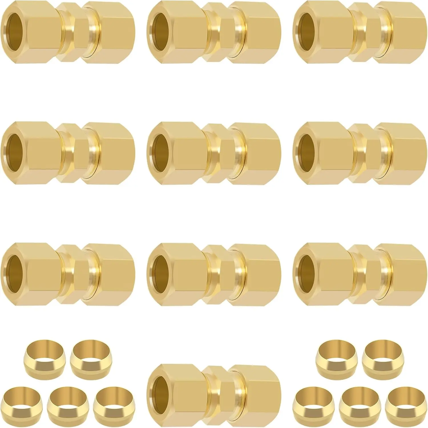 1/2 Inch Compression Fitting,10 Pcs Brass Compression Tube Pipe Fittings, 1/2" OD X 1/2" OD Compression Union Connectors & 10 count Sleeves Ferrules (Pack of 20)