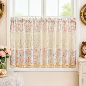 1pc Lace Floral Short Curtain, Rustic Style Sheer Window Shade, Kitchen Small Window Half Curtain, Coffee Shop Decorative Curtain