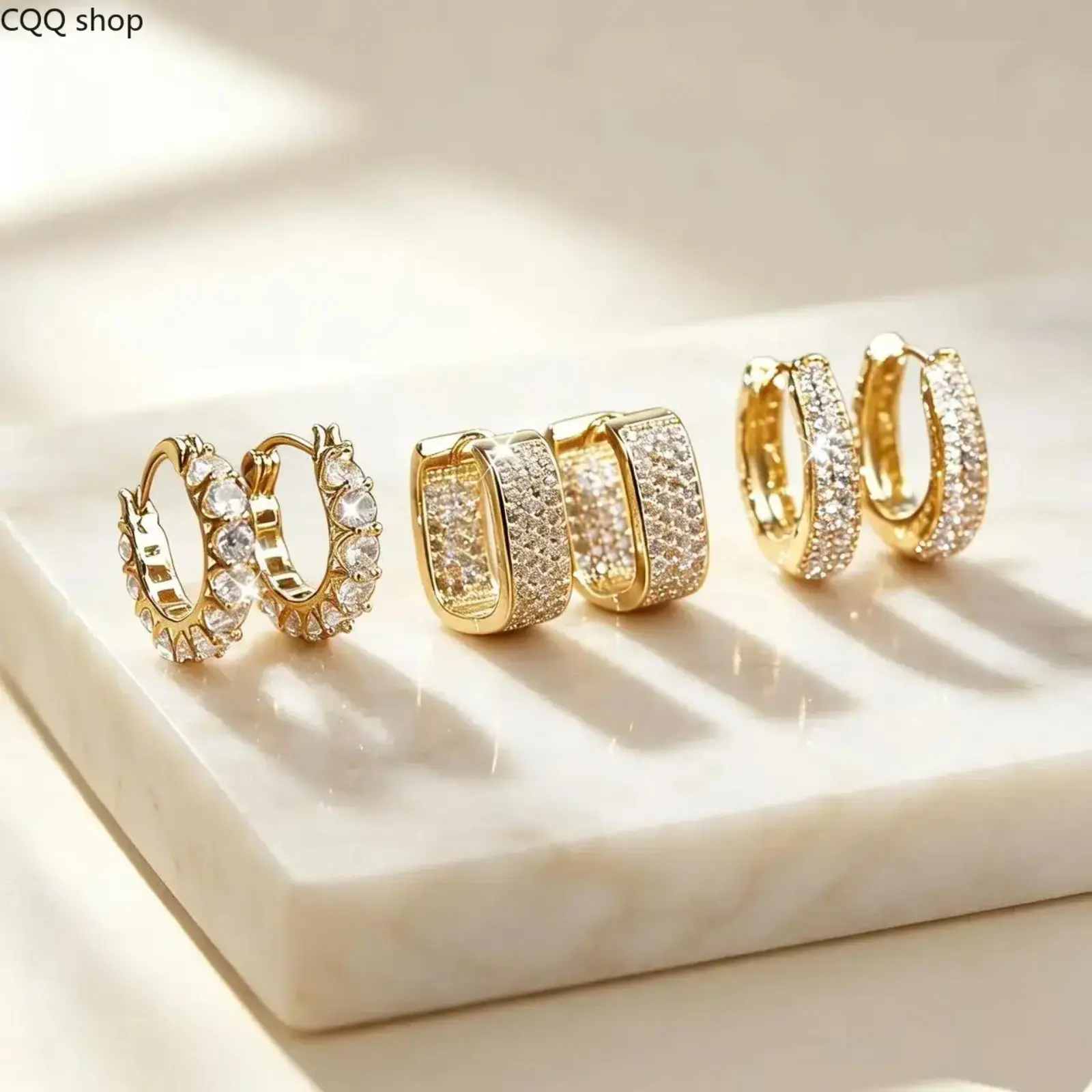 Exquisite 3-Pair 14K Gold Plated Layered Hoop Earring Set for Women, Geometric and Round Huggie Earrings with Hinged Clasps, Model DDES0407