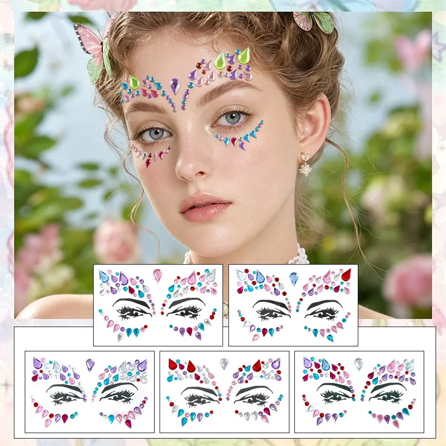 5Pcs Random Style Face Rhinestone Stickers, Forehead Gem Stickers for Music Festival & Rave, Sparkling Crystal Eye & Face Decorations for Stage Party Photoshoot