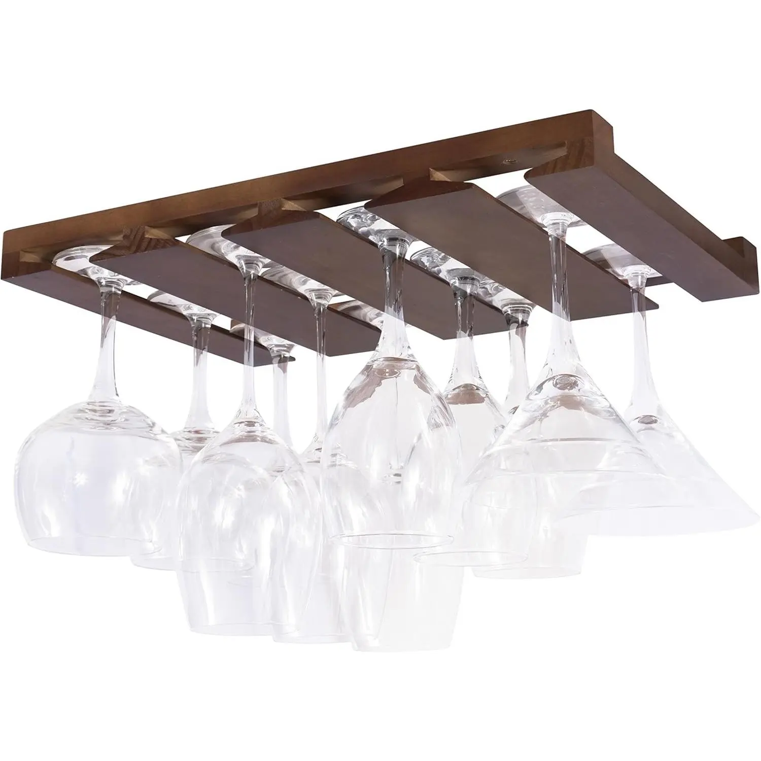 Eze 4 Sectional Under Cabinet Mount Wood Stemware Rack Hanging Shelf Glassware Holder Bar Organizer with up to 12 Wine Glass Storage 12 Inch Deep Chestnut
