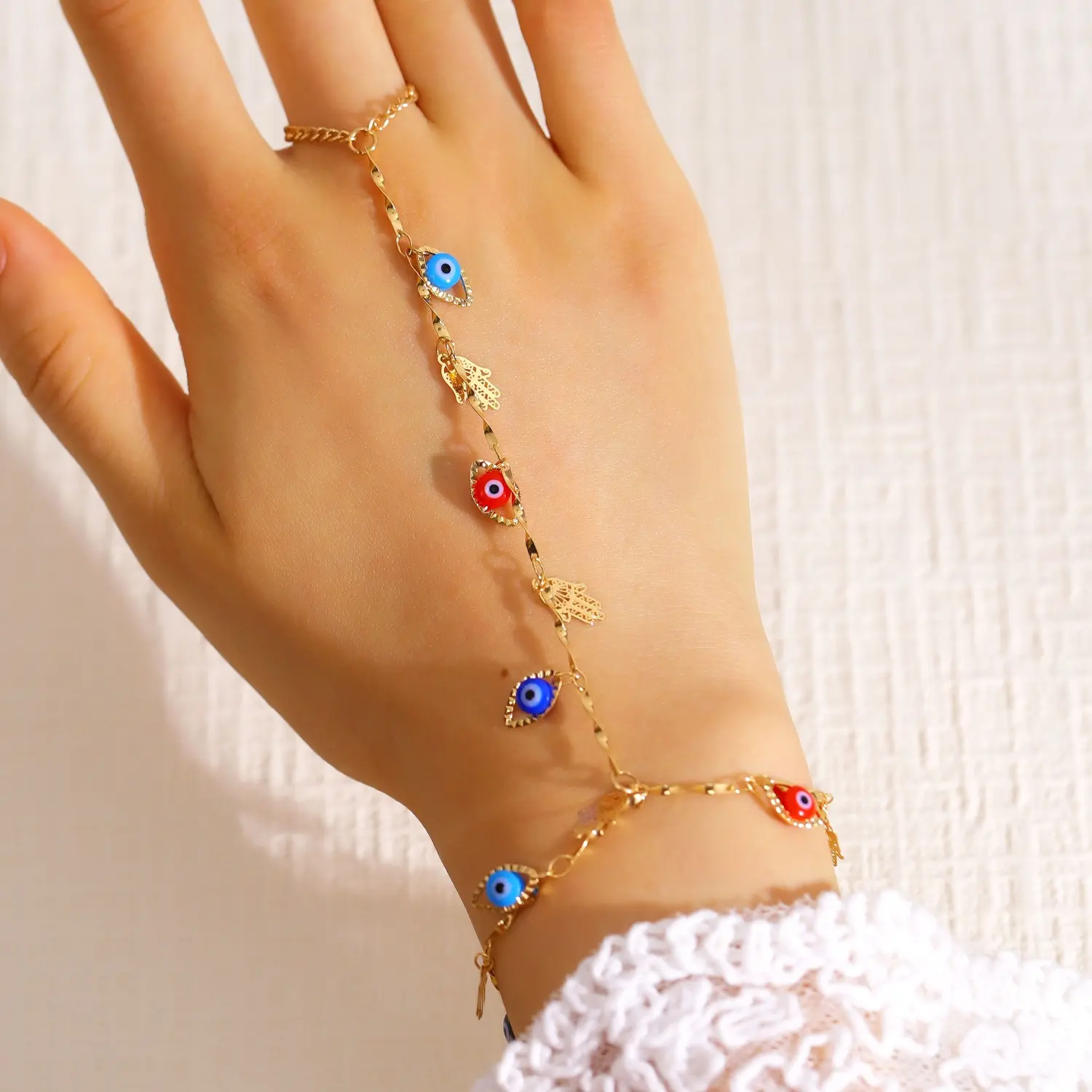 Gold Evil Eye Hand Chain Bracelet Hamsa Hand Finger Ring Linked Bracelet Layered Wrist Link Hand Harness Protective Amulet Daily Jewelry Collection