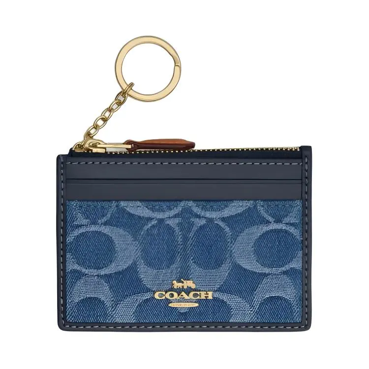 COACH 11 Jacquard Zip Cardholder for Men and Women – Indigo Blue Fabric, Suede, and Plastic Hybrid Design