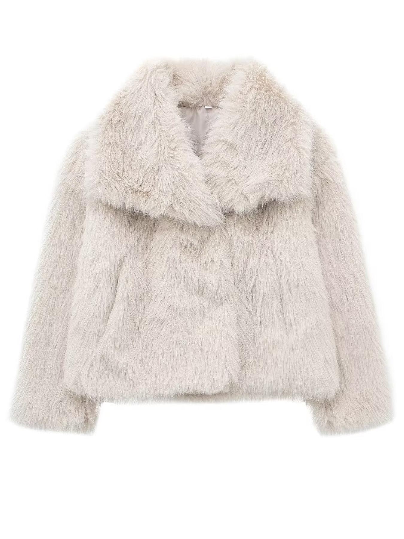 Women's Faux Fur Fuzzy Jacket - Casual Long Sleeve Collared Coat for Fall & Winter, Fitted Minimalist Basic Outerwear in Pebble Lime Womenswear Tops Fitted Essential Outfit Solid