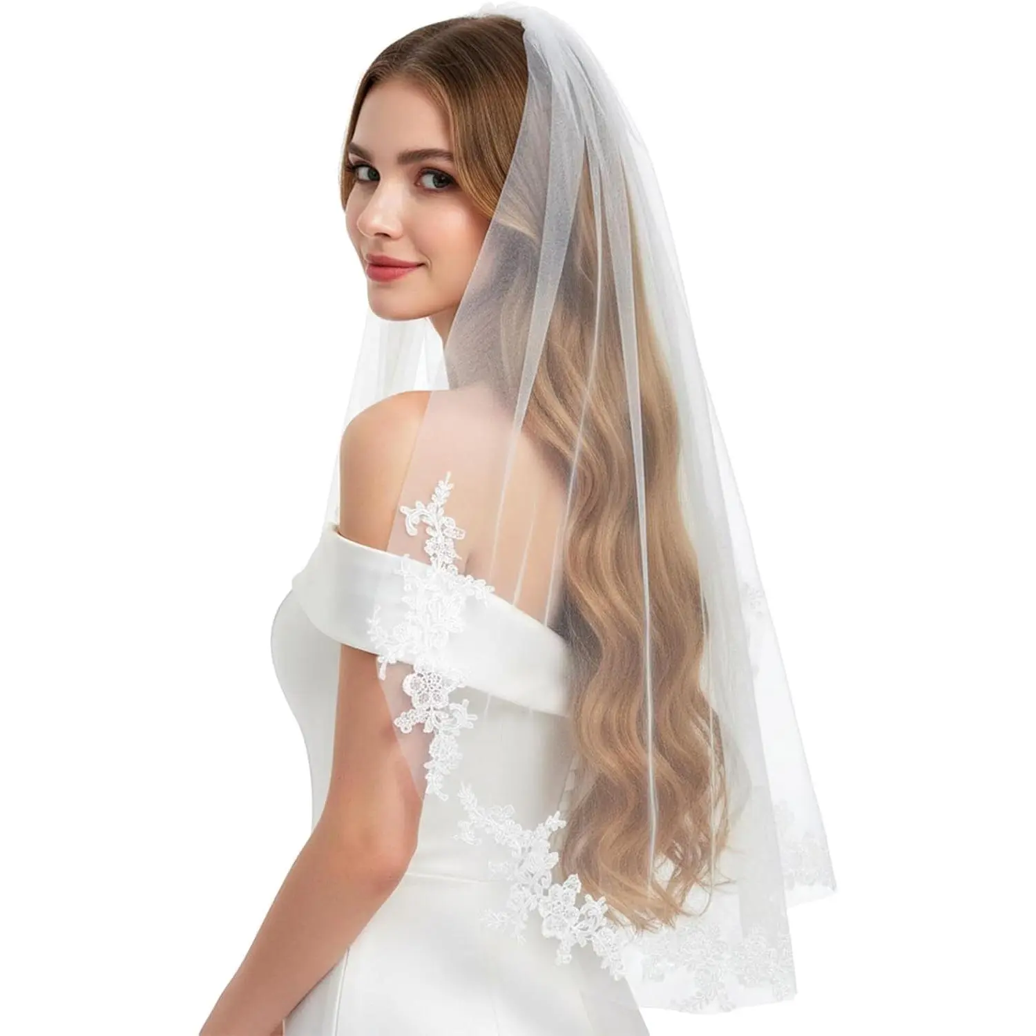 White Wedding Bridal Veil with Comb 1 Tier Floral Edge Lace Bridal Tulle Wedding Veil