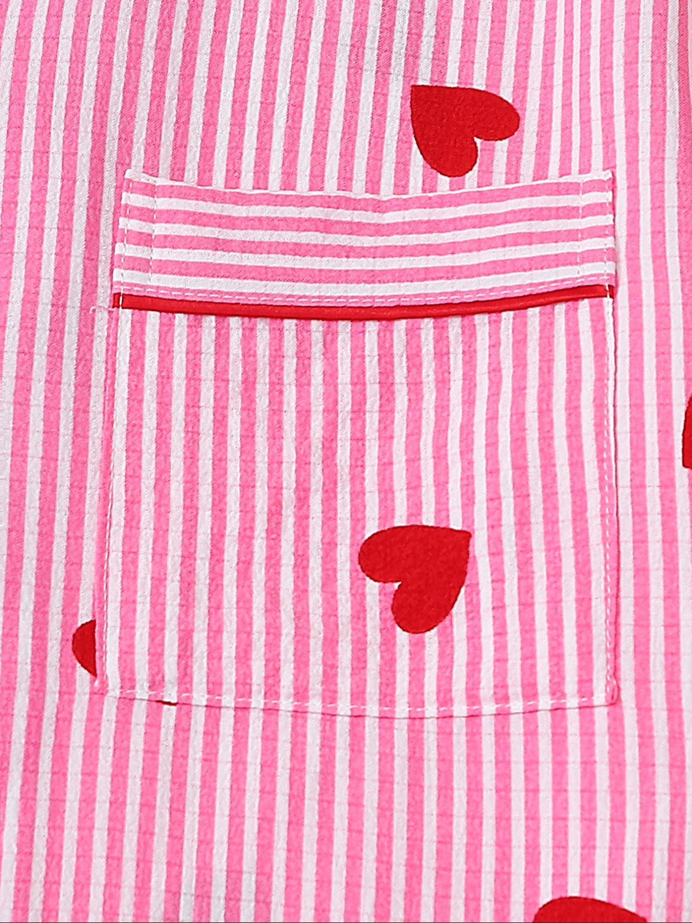 Women's Heart Print Short Sleeve Pajama, Casual Comfy Heart Print and Striped Lapel Neck Pocket Shirt & Pants PJ Set, Ladies Sleepwear for All Seasons, Loungewear, Pyjamas, Womenswear