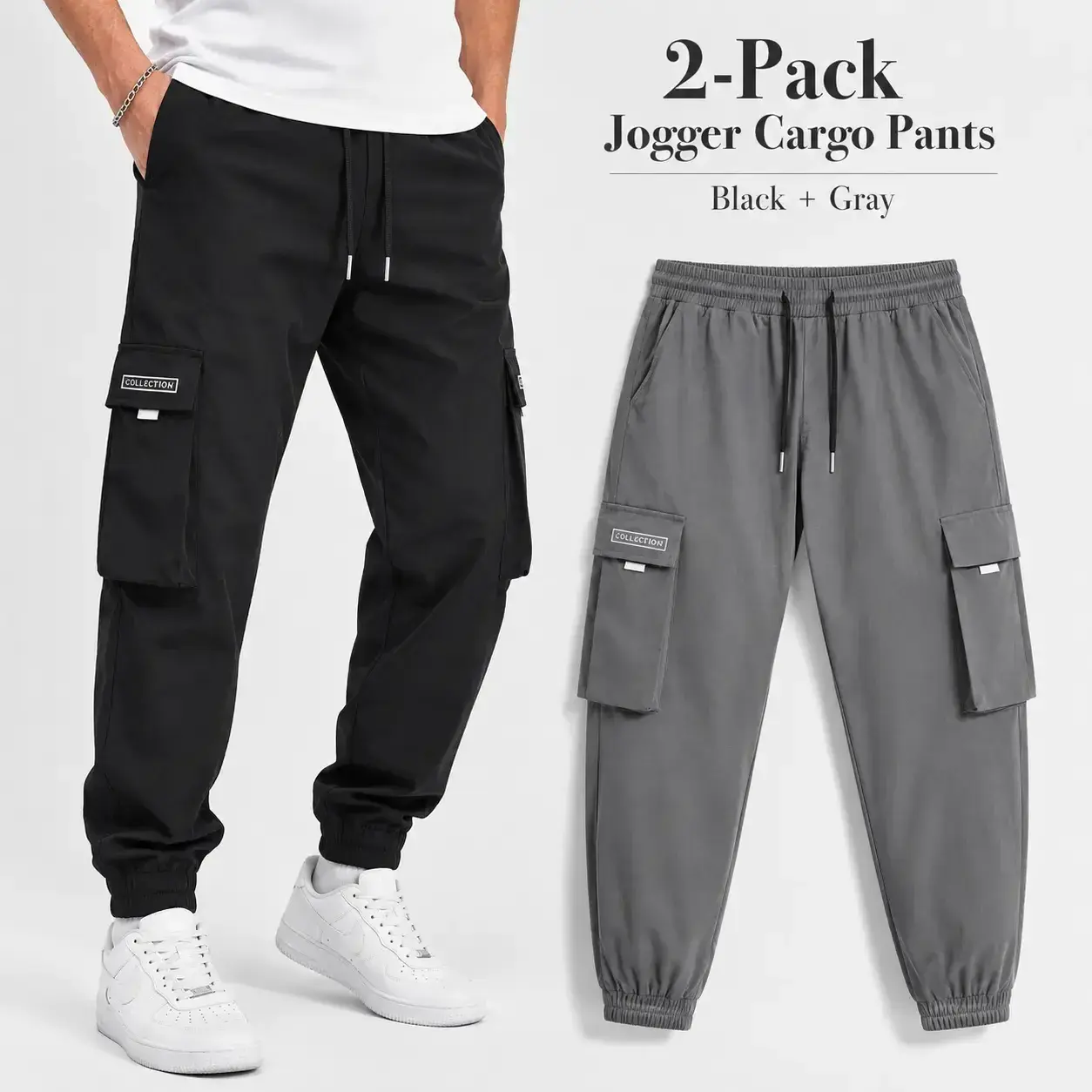 Men's 2-Pack Letter Patch Drawstring Cargo Sports Joggers, Regular Fit, Multi-Pocket, All-Season Casual Trousers for Daily Commute, Drawstring Cargo Men's Sports Joggers, Comfortable Thick Men's Sports Joggers