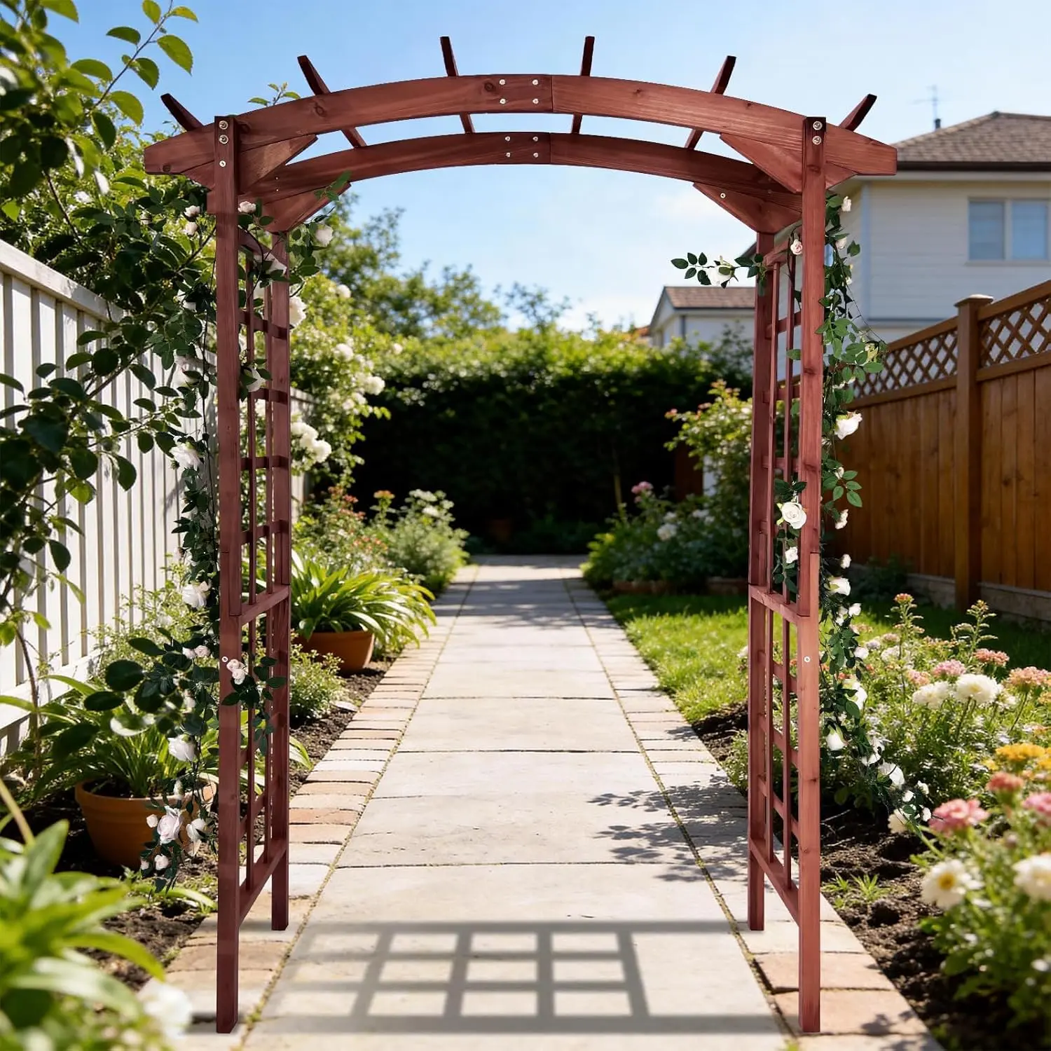Solid Fir Wood Garden Arbor – Teak Finish Trellis with Arched or Flat Top, Ideal for Climbing Plants & Garden Decor