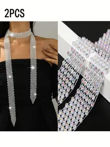 Two-Piece Rhinestone Mesh Tie Set, Sparkling Party Accessory, Perfect for Nightclubs and Parties, Versatile Fashion Statement