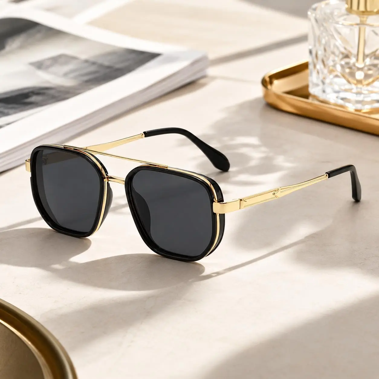 Unisex Gold Geometric Double Bridge Polarized Sunglasses, UV400 Anti-Glare Retro Aviator Shades for Women and Men, Lightweight Double Beam Fashion Eyewear for Driving, Travel, Beach and Daily Wear vintage trendy sunglass