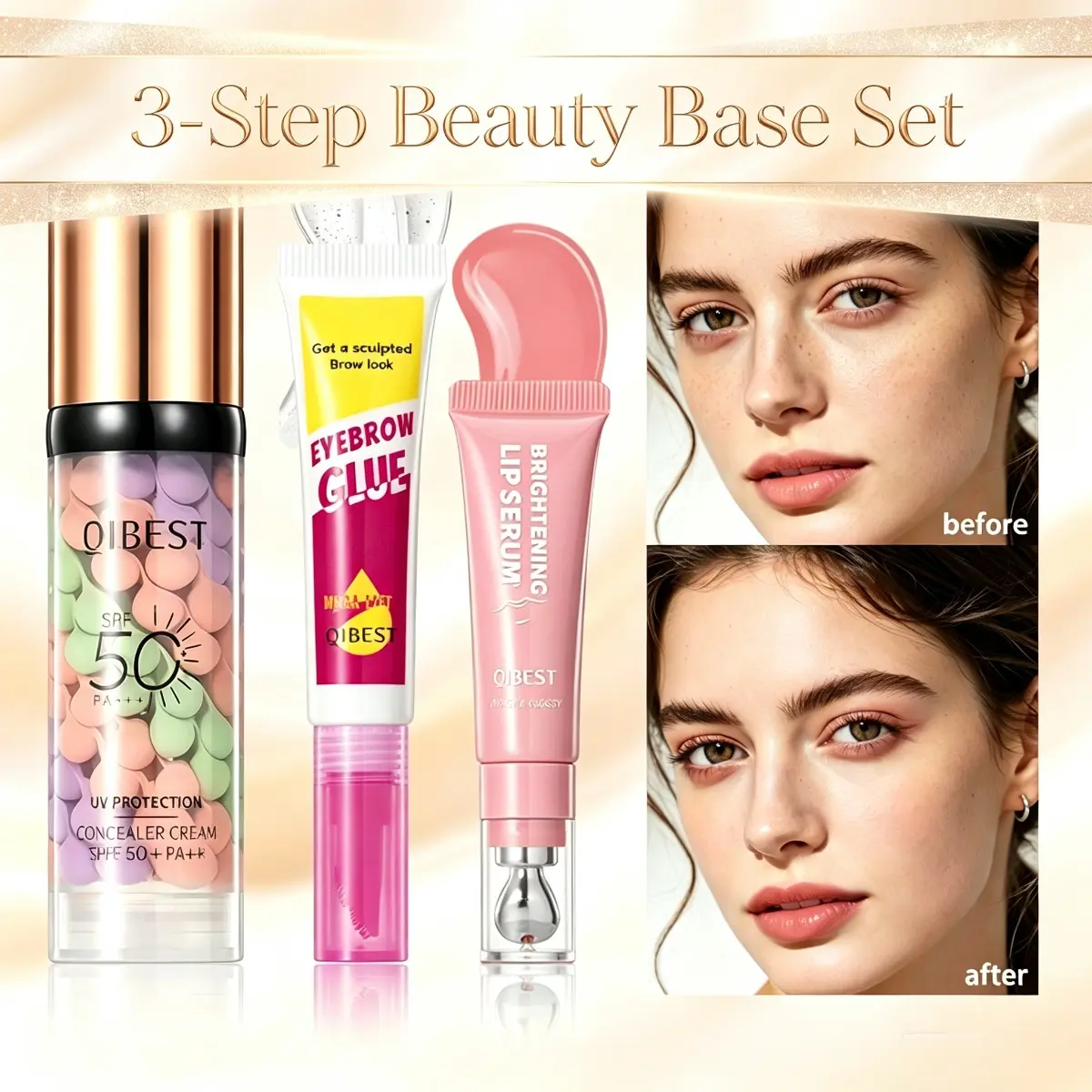 3-Step Daily Glow Kit  UV Protection Color Corrector, Long-Lasting Eyebrow Glue, Mirror Shine Lip Serum Full Face Beauty Set