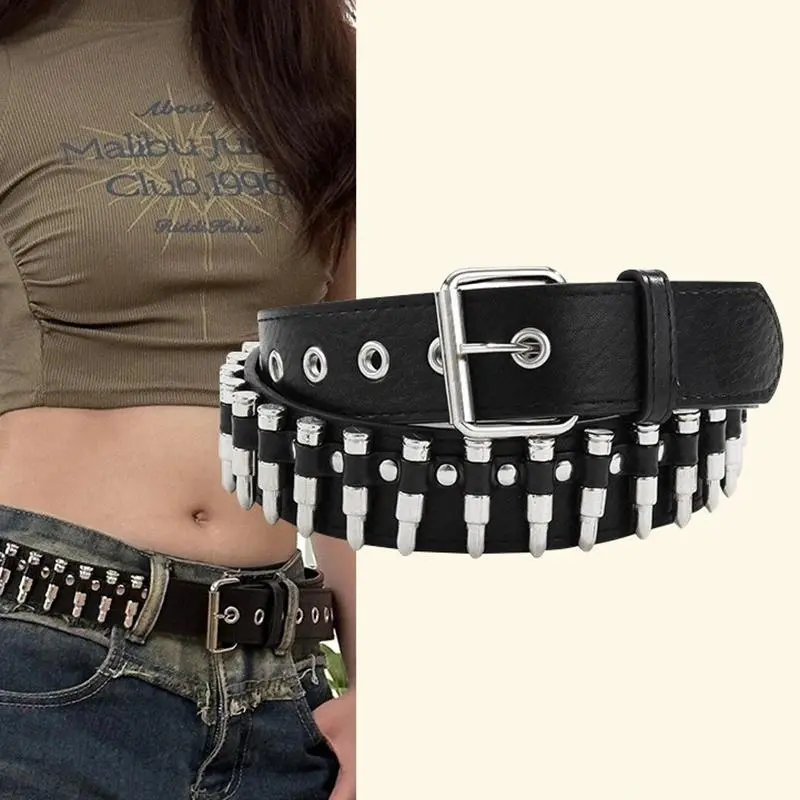 Rivet Hollow Bullet Decoration Belt Fashion Leather Studded Goth Rock Wild Adjustable Women Punk Black Belt