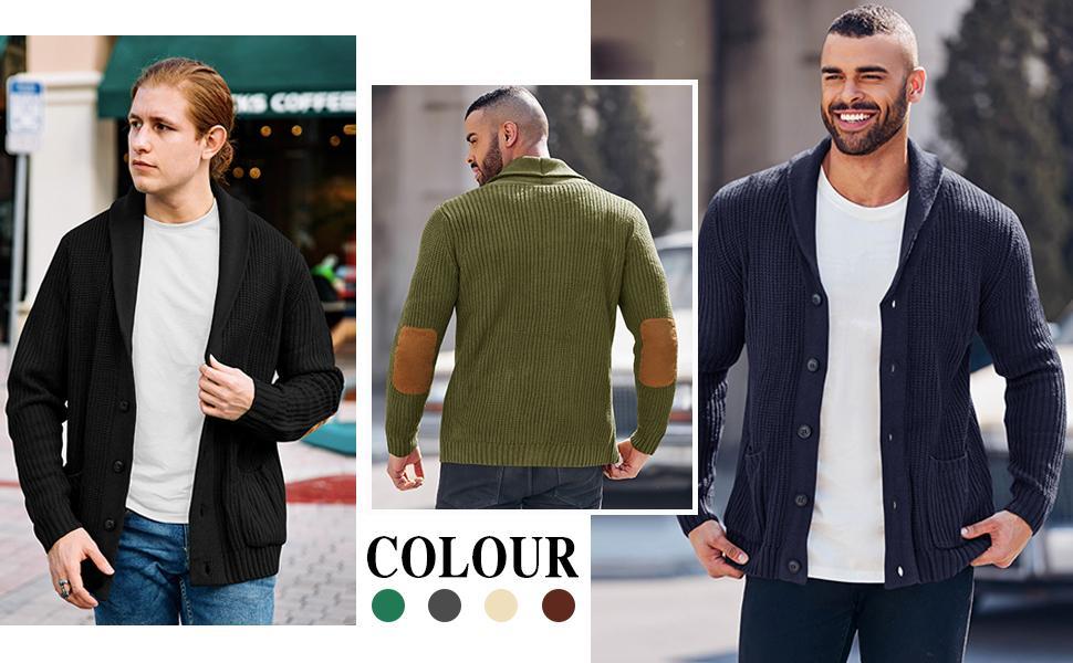 PASLTER Men's Shawl Collar Cardigan Sweater Multi-Color Button Down Knitted Sweaters with Pockets Knitwear Menswear