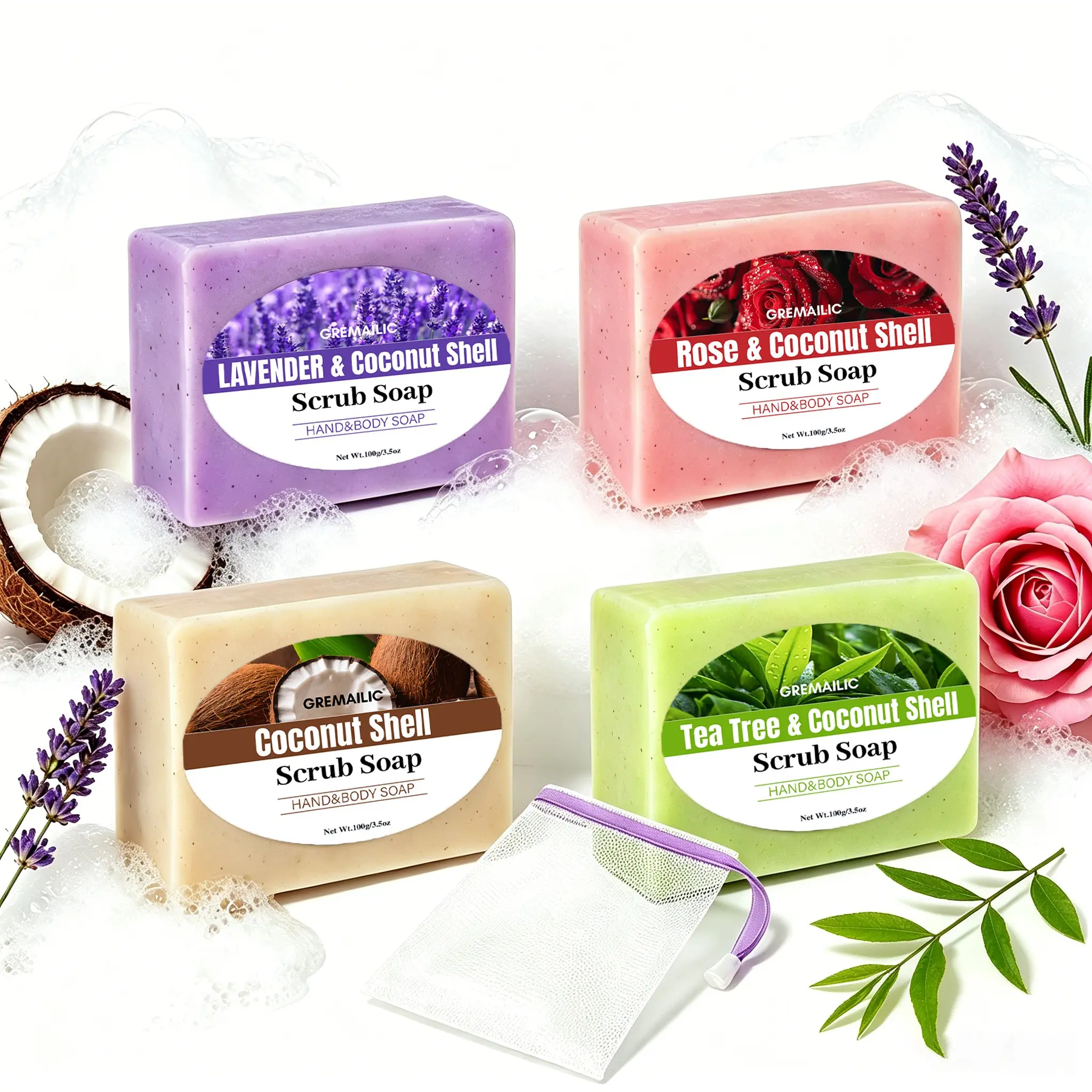 4 Pieces Handmade Coconut, Tea Tree, Lavender, Rose Soap, Natural Bar Soap, Face Body Soap, Gift Set, Body Cleansing Products, Contains Coconut Shell, Tea Tree, Lavender, Rose Extracts, Suitable For Facial, Hand, Hair, Body Cleansing -100g