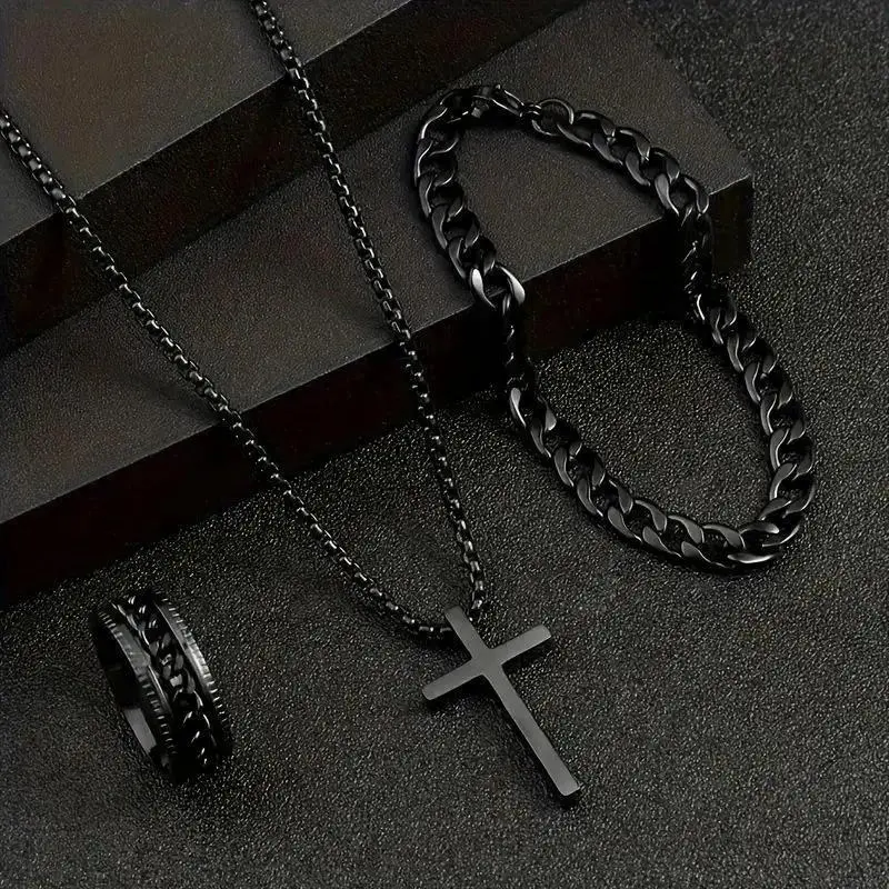 Men's 3-Piece Jewelry Set, Stainless Steel Hip Hop Cuban Chain Necklace, Bracelet & Ring, Street Style Accessories for Him, Chains, Men's Accessories