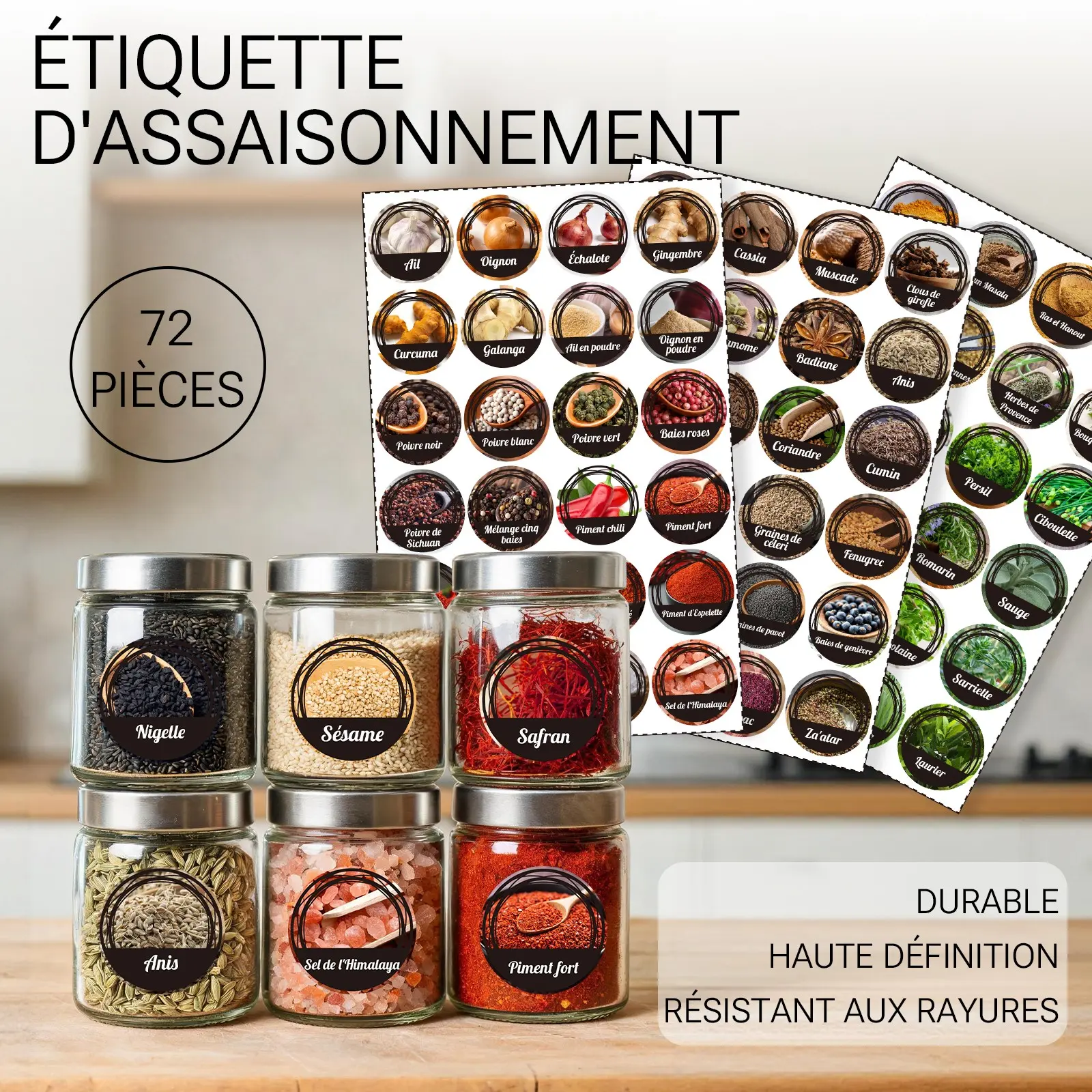 French Spice Jar Round Vinyl Stickers, 72 Piece Organizational Labels, Waterproof Scratch-Resistant Durable, Removable No Residue