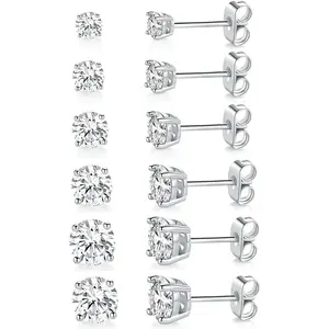 18K White Gold Plated 4 Pong Round Clear Cubic Zirconia Stud Earring Pack of 6 Pairs (6 Pairs)