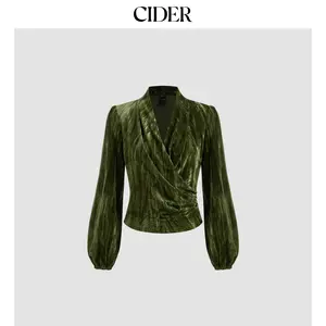 Cider [2 colors, size 2-26] Velvet V-neck Solid Wrap Long Sleeve Top SummerFinds