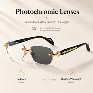 Color Changing Rimless Glasses for Men Women, Photochromic UV400 Blue Light Filtering Eyewear, Lightweight Non-Prescription Glasses for Computer Outdoor Daily Wear
