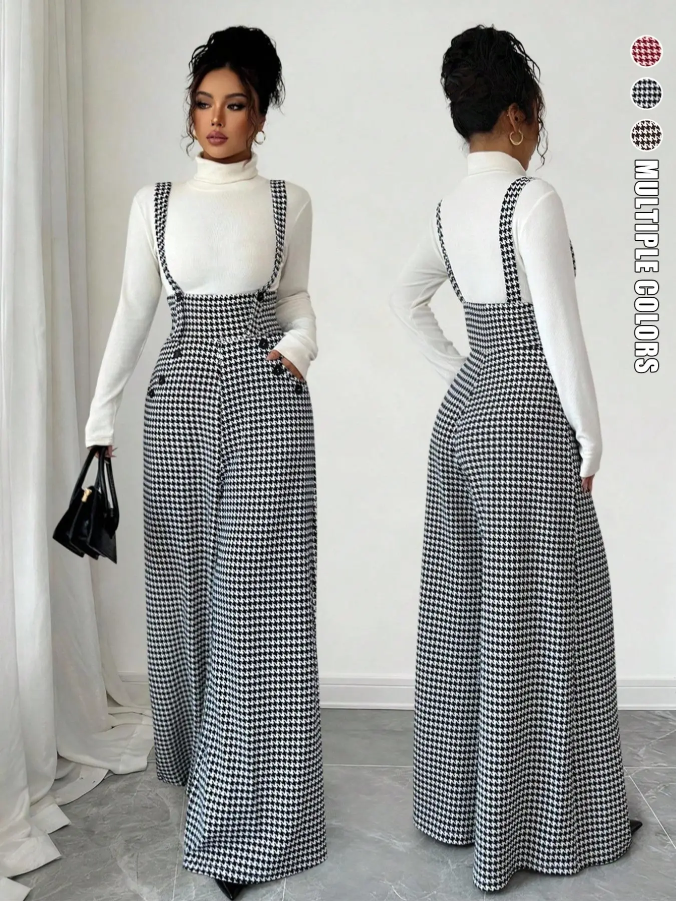 Women's Knitted Houndstooth Print Flowy Wide Leg Jumpsuit, Fashionable Chic Elegant Casual Sleeveless Womenswear, All Seasons