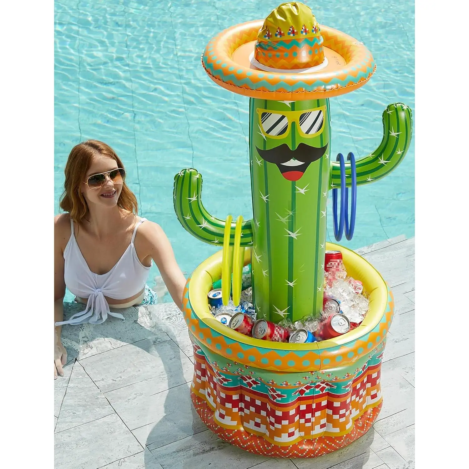 Inflatable Pool Party Cooler – Fiesta Cactus Ice Bucket, Luau Hawaiian Tropical Beach Themed Birthday Easter Party Decorations Favors Outdoor Decor Pool Games Set for Kids Adults